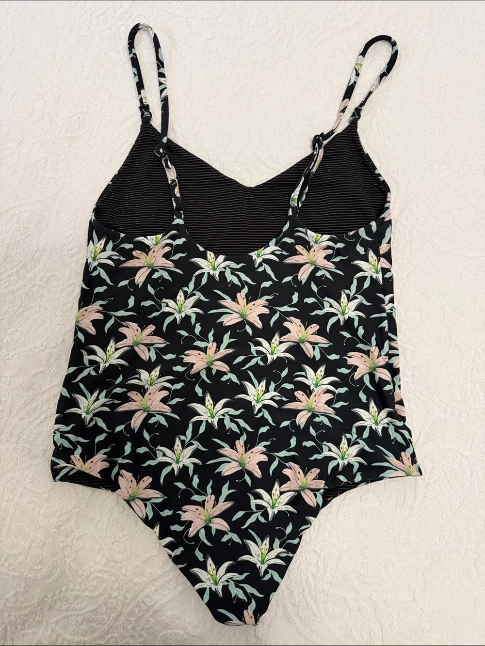acacia swimwear Black Floral One-Piece with Pink Lily Print
